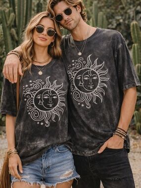 Rhea Sun Moon Graphic Tee NWT Unisex Size L Black Acid Wash Boho Shirt